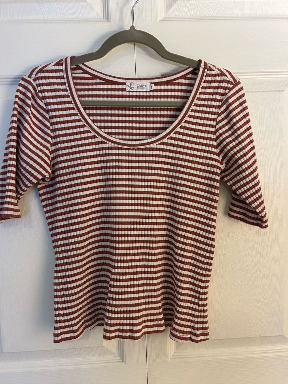 Carve Designs Scoop Neck Ribbed Stripe Top - Rust/White